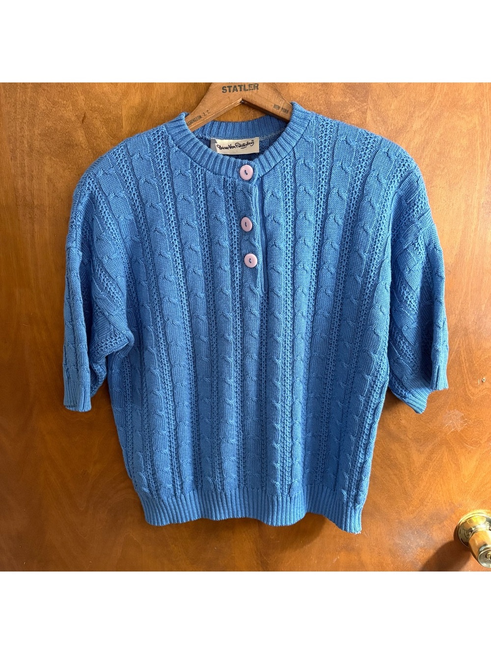 Diane Von Furstenberg Vintage 80s Sky Blue Cable Knit Henley Sweater Polo Preppy